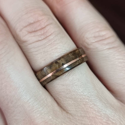 Burr walnut & oak with copper inlay hand made bent wood ring