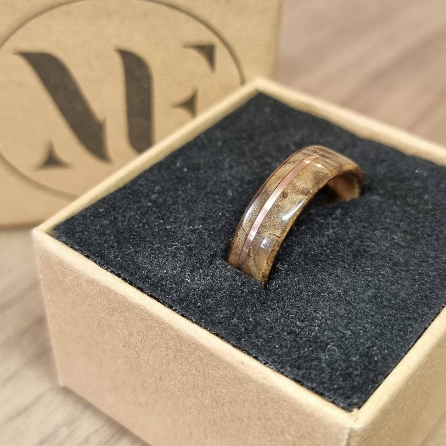 Burr walnut & oak with copper inlay hand made bent wood ring