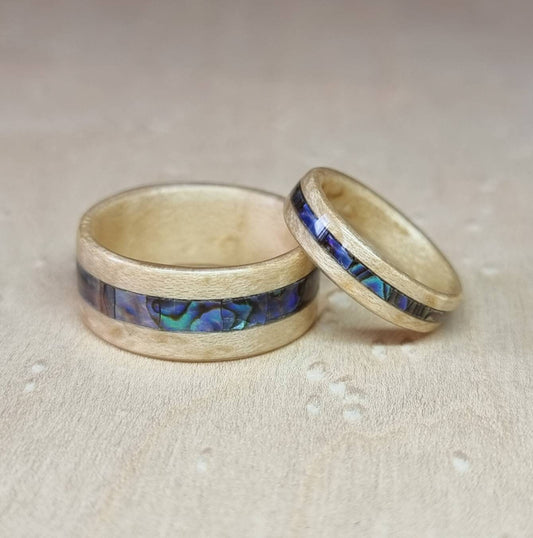 Birdseye maple & abalone paua shell ring - Hand made bent wood ring - Alternative wooden wedding band - Custom engagement - 5th anniversary