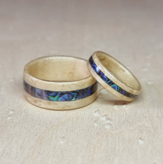 Birdseye maple with abalone paua shell inlay hand made bent wood ring