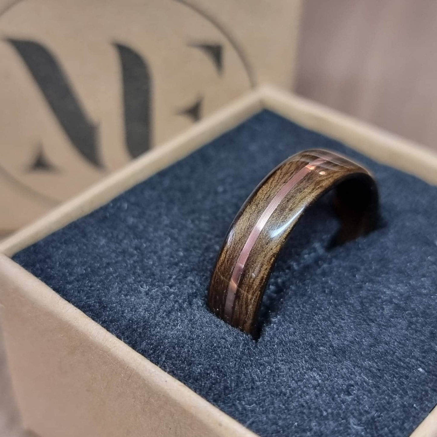 Smoked eucalyptus and copper hand made bent wood ring