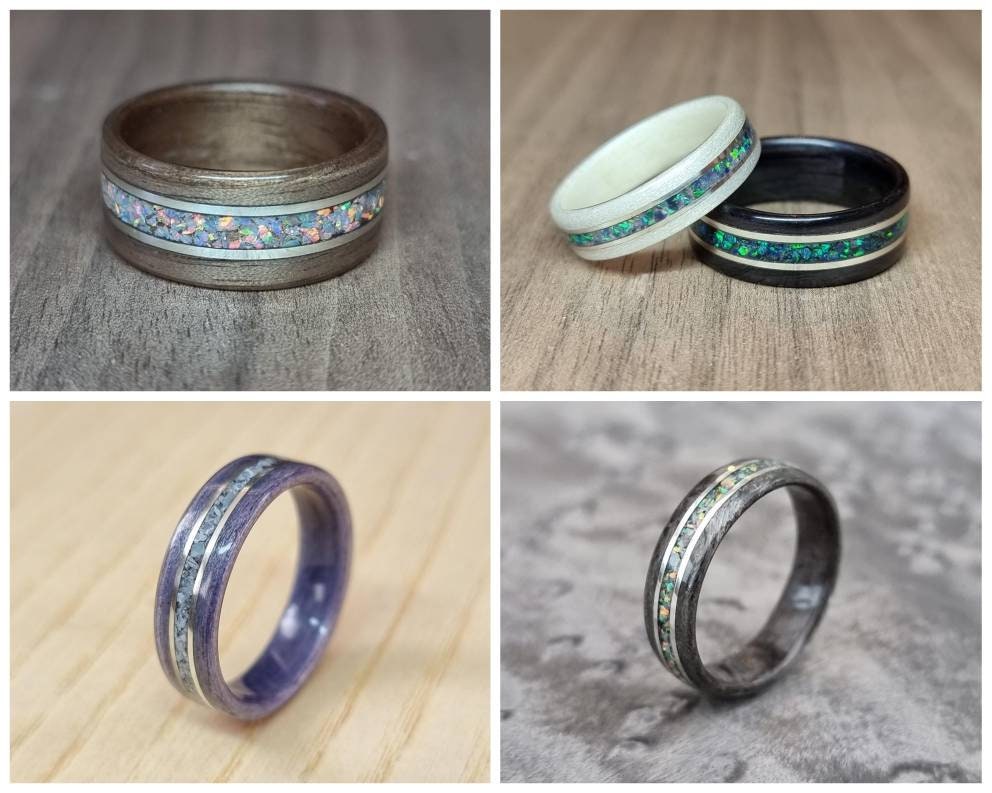 Custom wood, metal, & crushed opal hand made bent wood ring