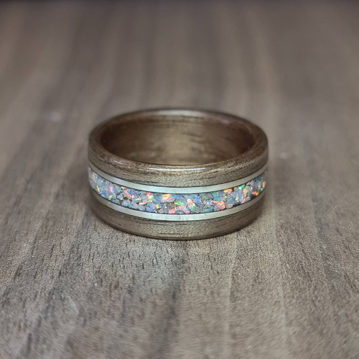 Walnut with white opal and double silver inlays hand made bent wood ring