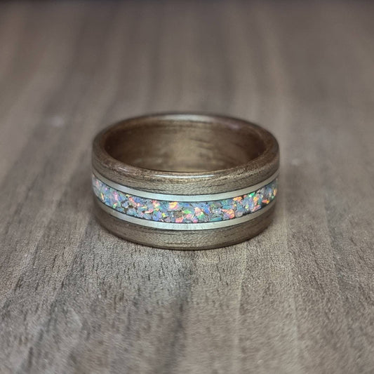 Walnut with white opal and double silver inlays hand made bent wood ring