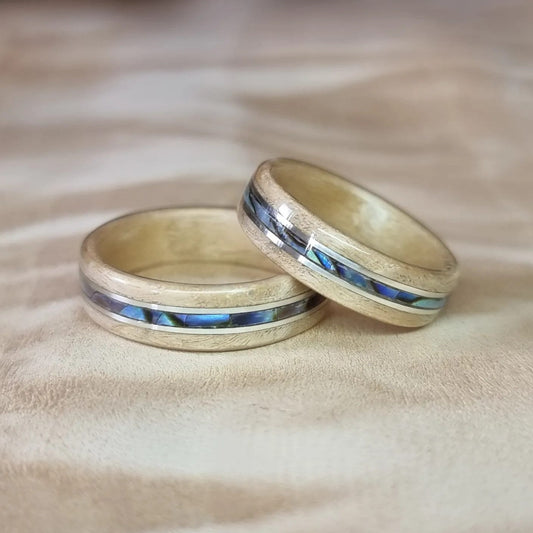 Willow with abalone paua shell and double silver inlays hand made bent wood ring