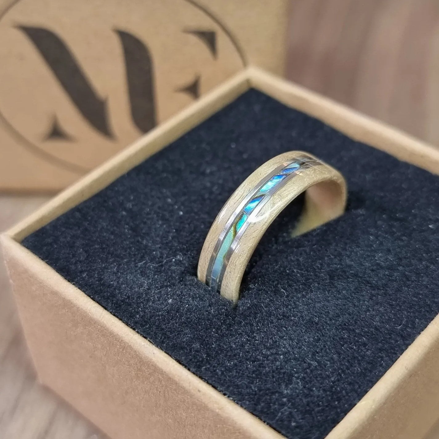 Willow with abalone paua shell and double silver inlays hand made bent wood ring