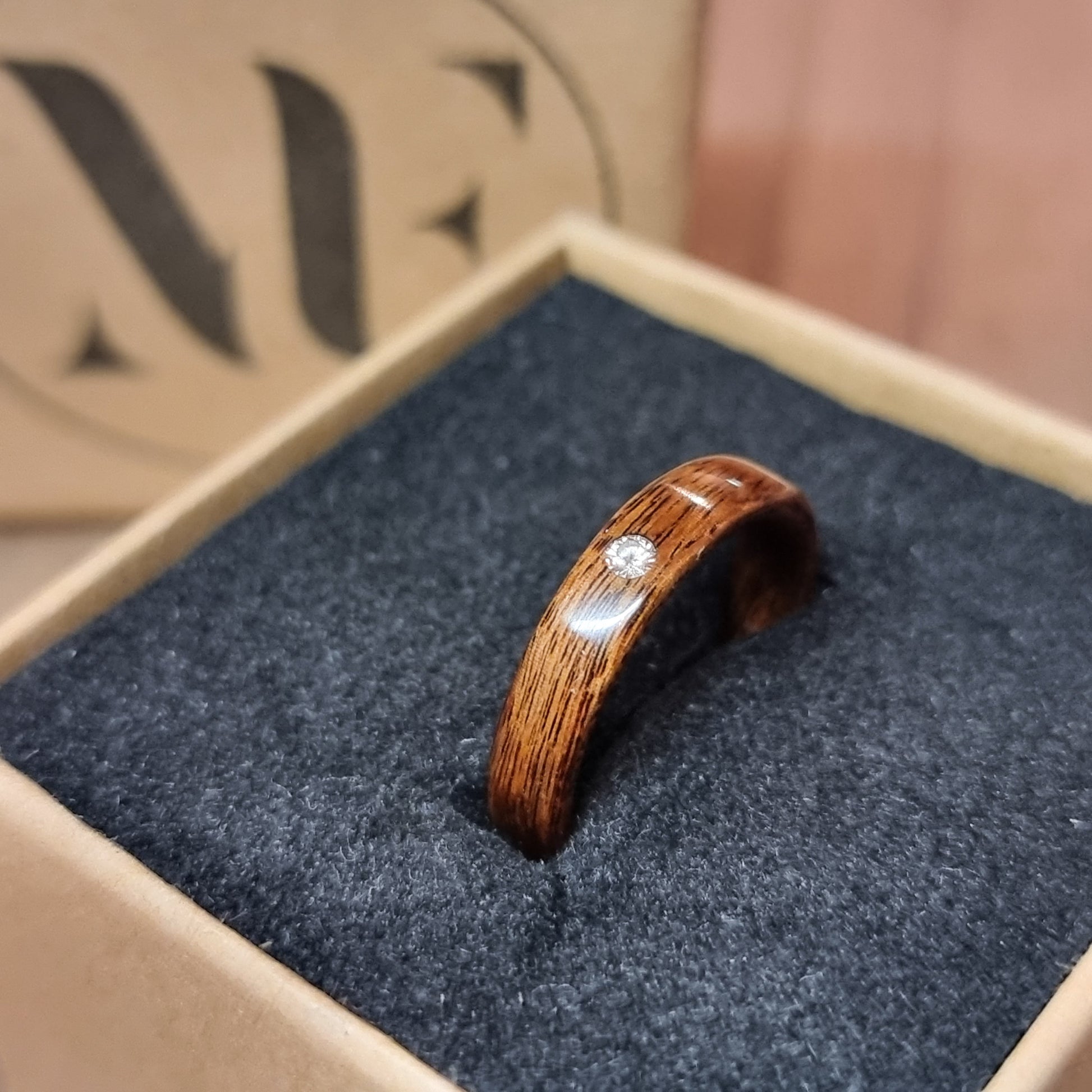 Rosewood and lab diamond hand made bent wood ring