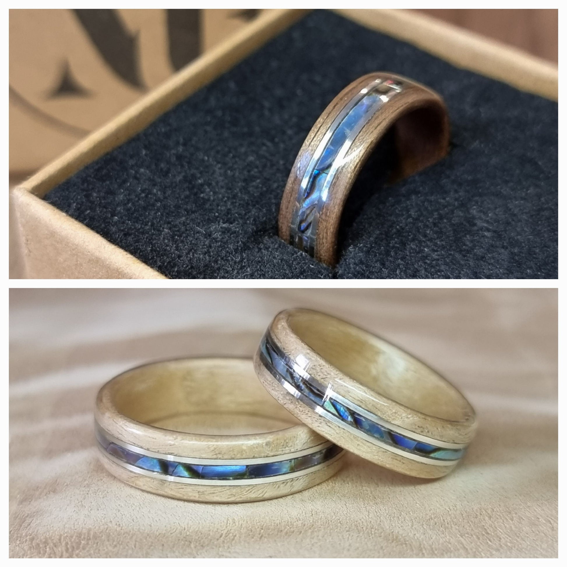 Custom wood, metal & abalone shell ring - Bespoke Hand made bent wood - Wooden wedding band - Alternative Engagement - Natural jewellery