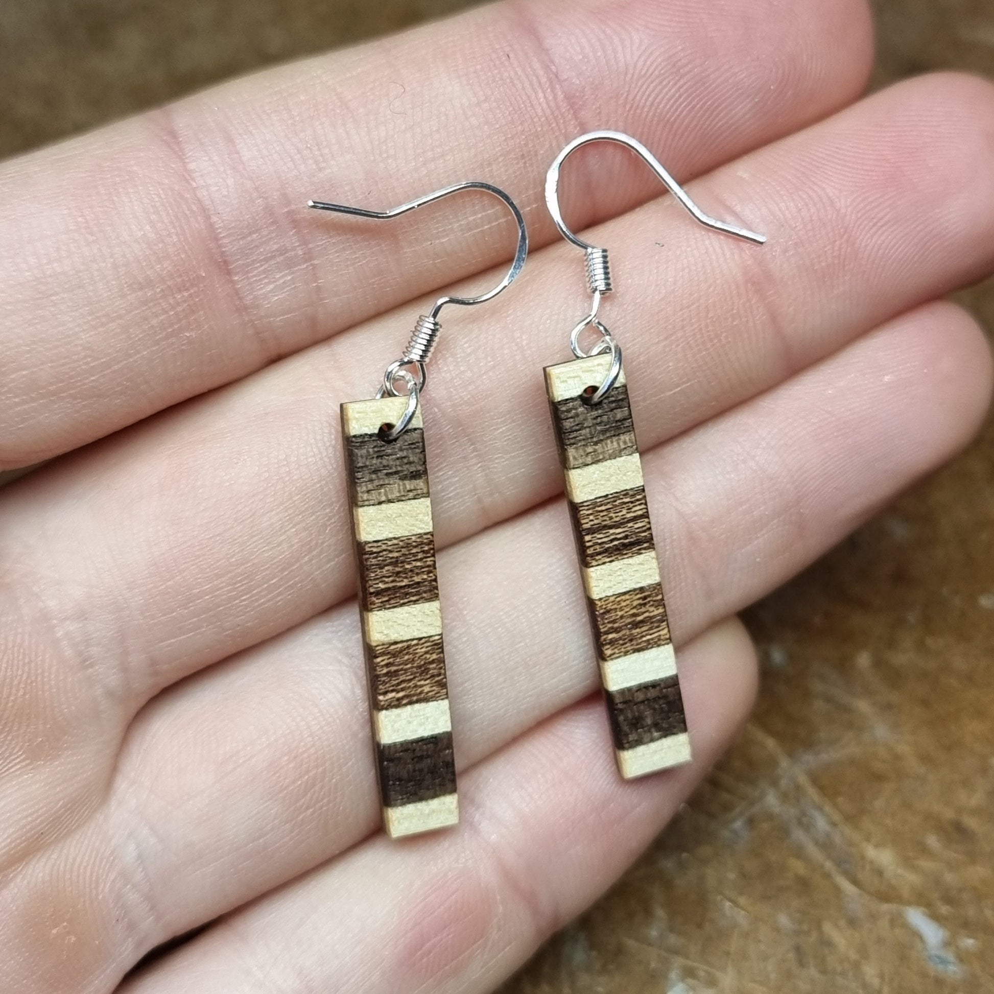 Striped walnut, maple and sapele wooden dangle / drop earrings - Handmade wood and silver earrings - Natural earrings