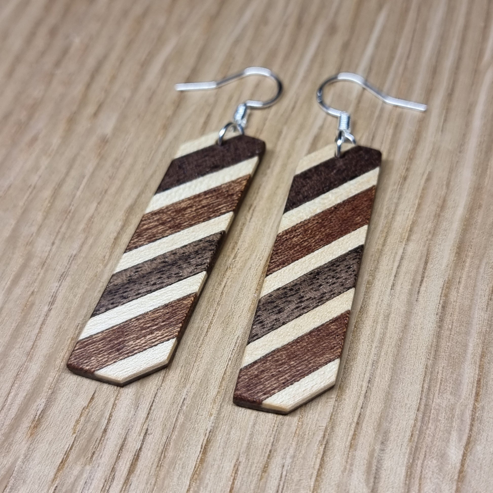 Diaginal striped walnut, maple and sapele wooden dangle / drop earrings - Handmade wood and silver earrings - Natural earrings