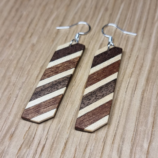 Diaginal striped walnut, maple and sapele wooden dangle / drop earrings - Handmade wood and silver earrings - Natural earrings