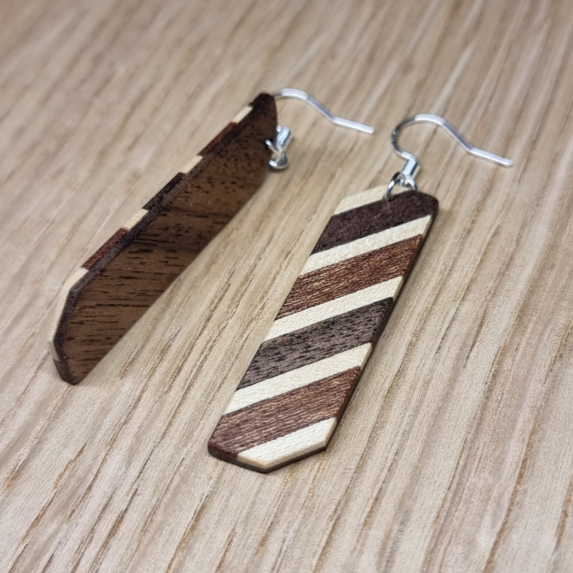 Diaginal striped walnut, maple and sapele wooden dangle / drop earrings - Handmade wood and silver earrings - Natural earrings