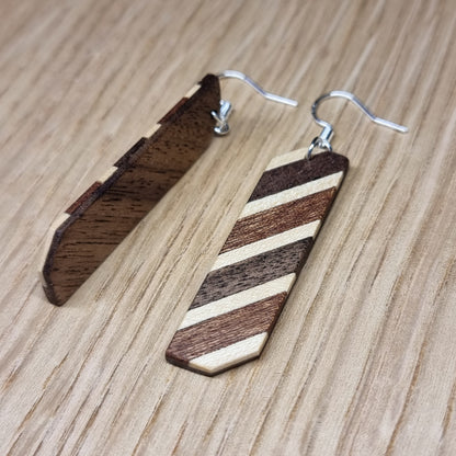 Diaginal striped walnut, maple and sapele wooden dangle / drop earrings - Handmade wood and silver earrings - Natural earrings