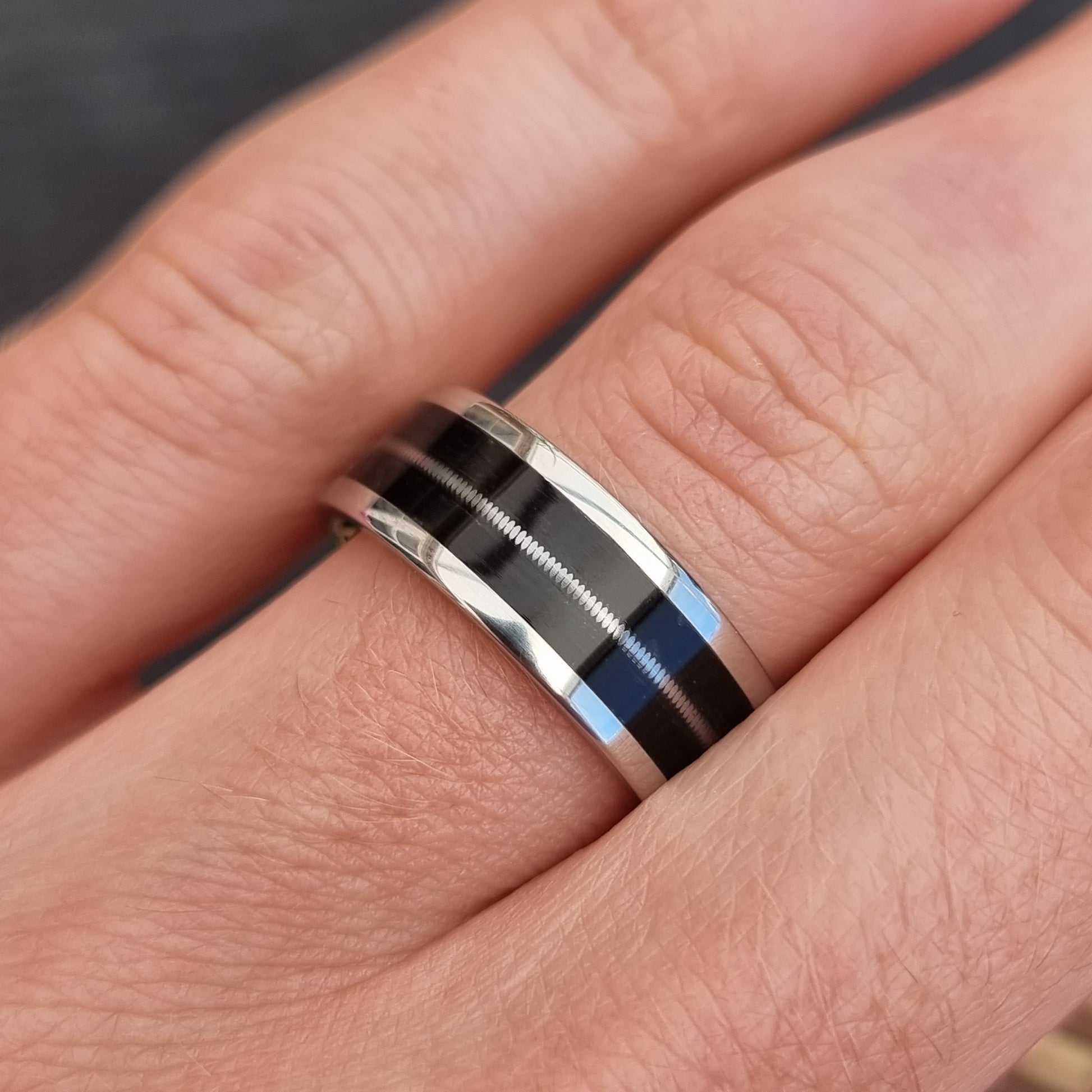 Custom stainless steel, wood & guitar string ring
