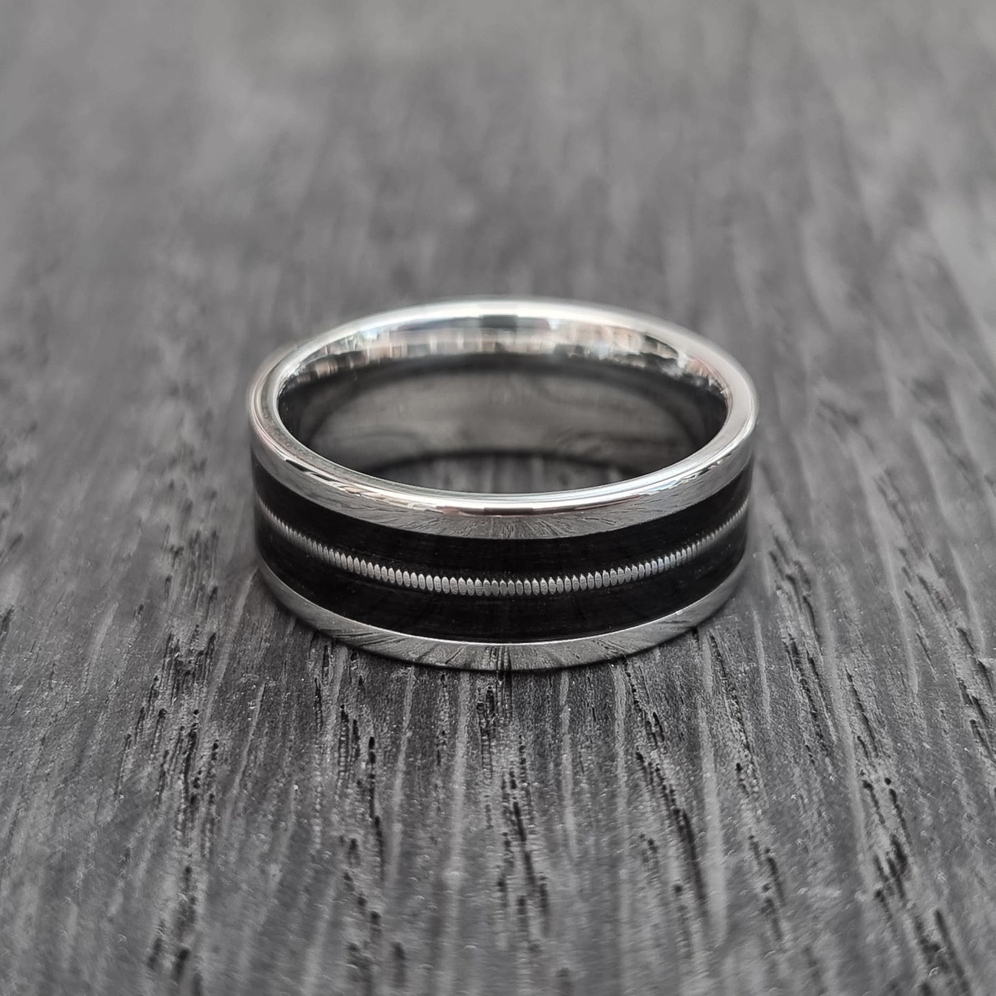 Stainless steel & black oak ring with guitar string