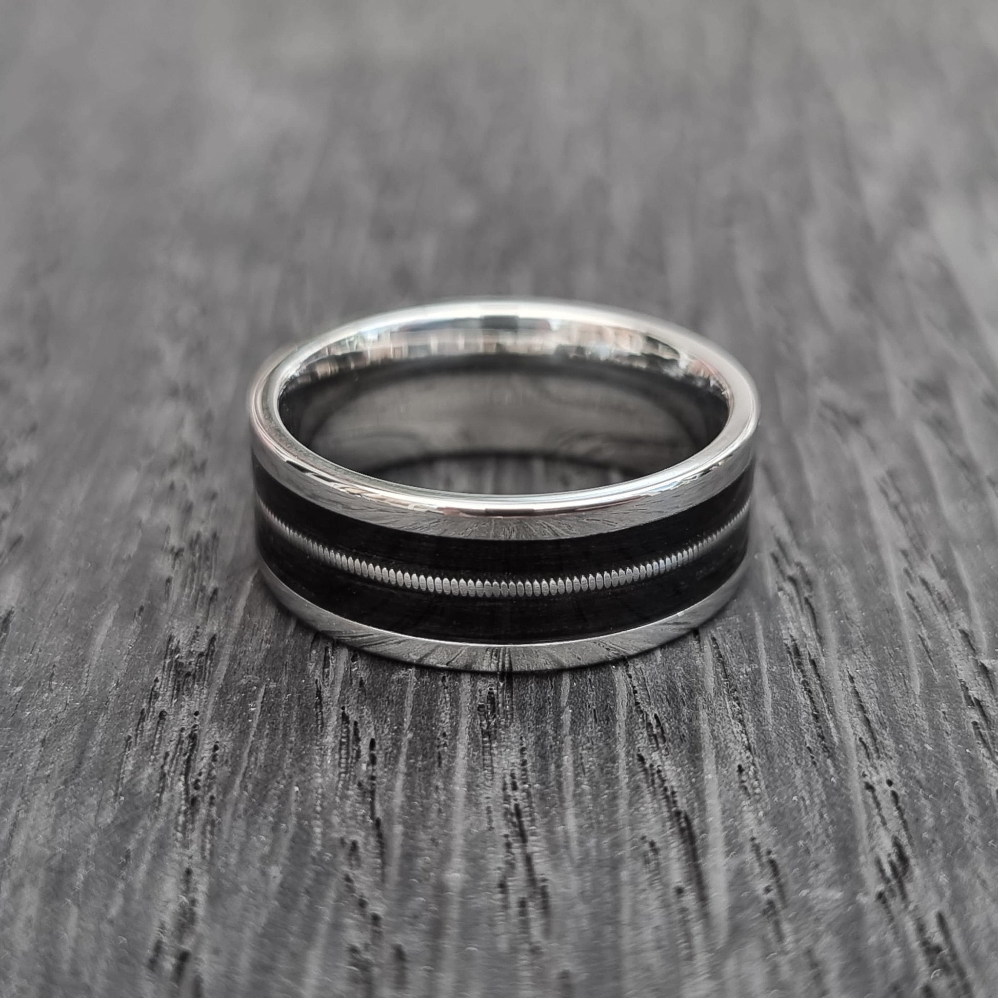 Stainless steel & black oak ring with guitar string