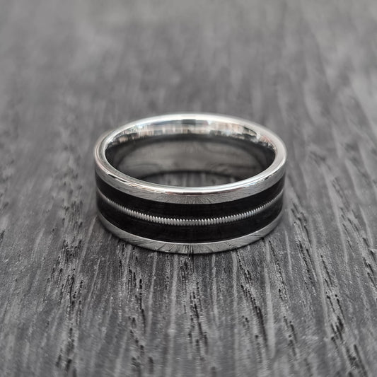 Stainless steel & black oak ring with guitar string