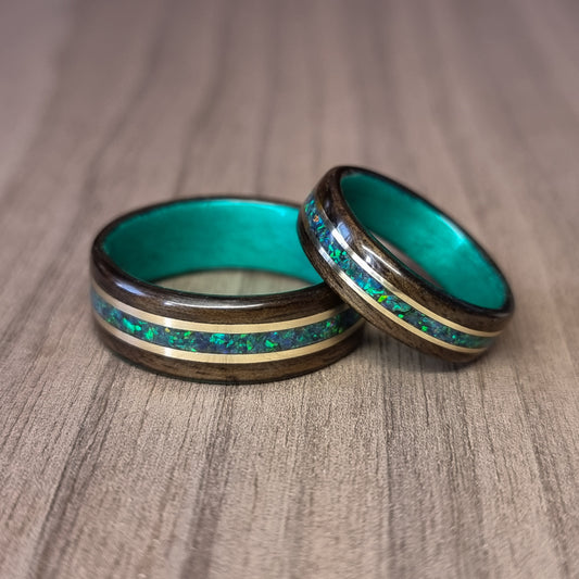 Smoked eucalyptus and green tulipwood with green opal and double brass inlays hand made bent wood ring