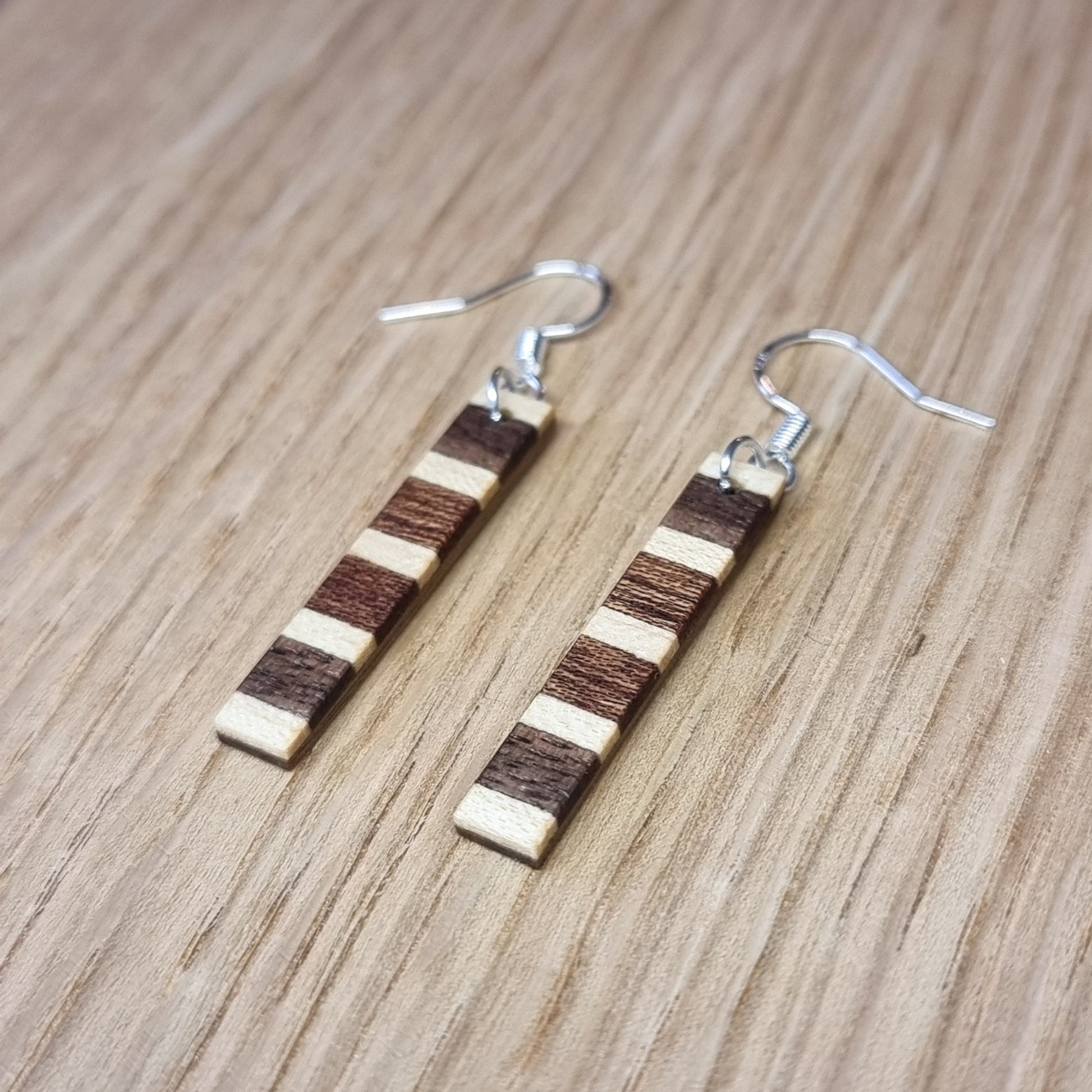 Striped walnut, maple and sapele wooden dangle / drop earrings - Handmade wood and silver earrings - Natural earrings