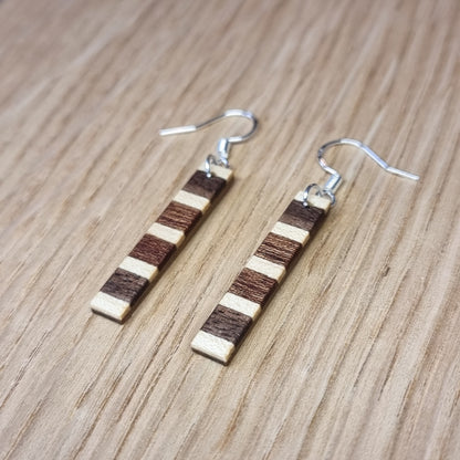 Striped walnut, maple and sapele wooden dangle / drop earrings - Handmade wood and silver earrings - Natural earrings