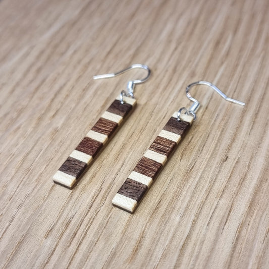 Striped walnut, maple and sapele wooden dangle / drop earrings - Handmade wood and silver earrings - Natural earrings