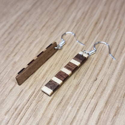 Striped walnut, maple and sapele wooden dangle / drop earrings - Handmade wood and silver earrings - Natural earrings