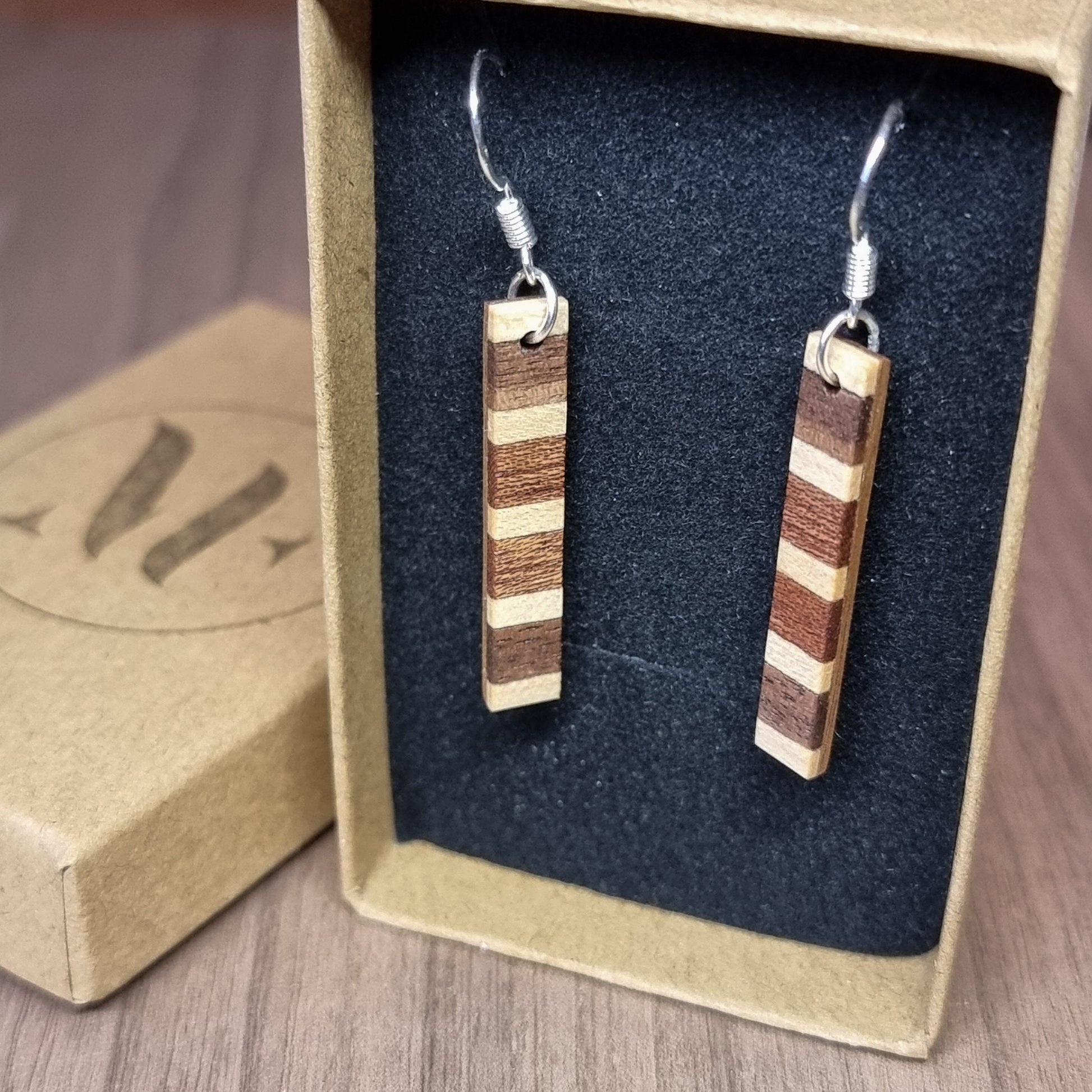 Striped walnut, maple and sapele wooden dangle / drop earrings - Handmade wood and silver earrings - Natural earrings