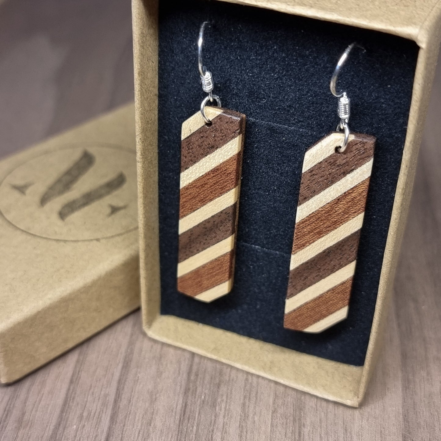 Diaginal striped walnut, maple and sapele wooden dangle / drop earrings - Handmade wood and silver earrings - Natural earrings