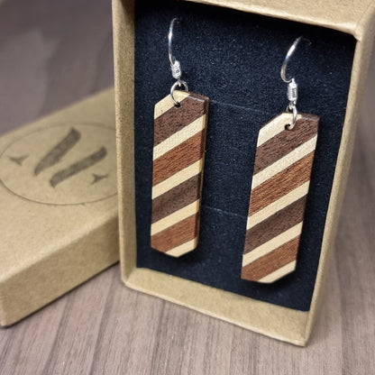 Diaginal striped walnut, maple and sapele wooden dangle / drop earrings - Handmade wood and silver earrings - Natural earrings