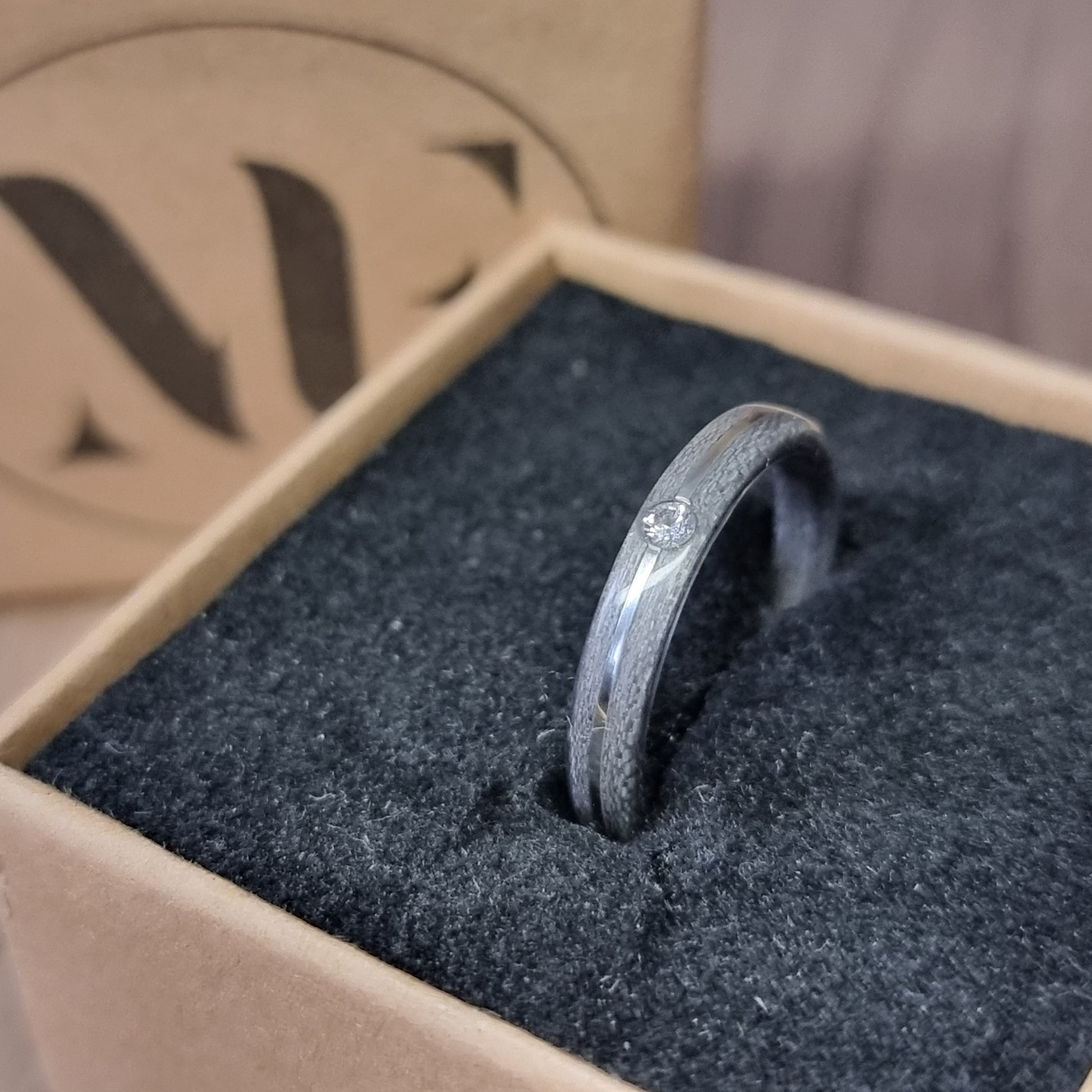 Grey tulipwood, sterling silver & lab created diamond hand made bent wood ring