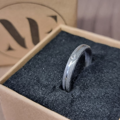 Grey tulipwood, sterling silver & lab created diamond hand made bent wood ring