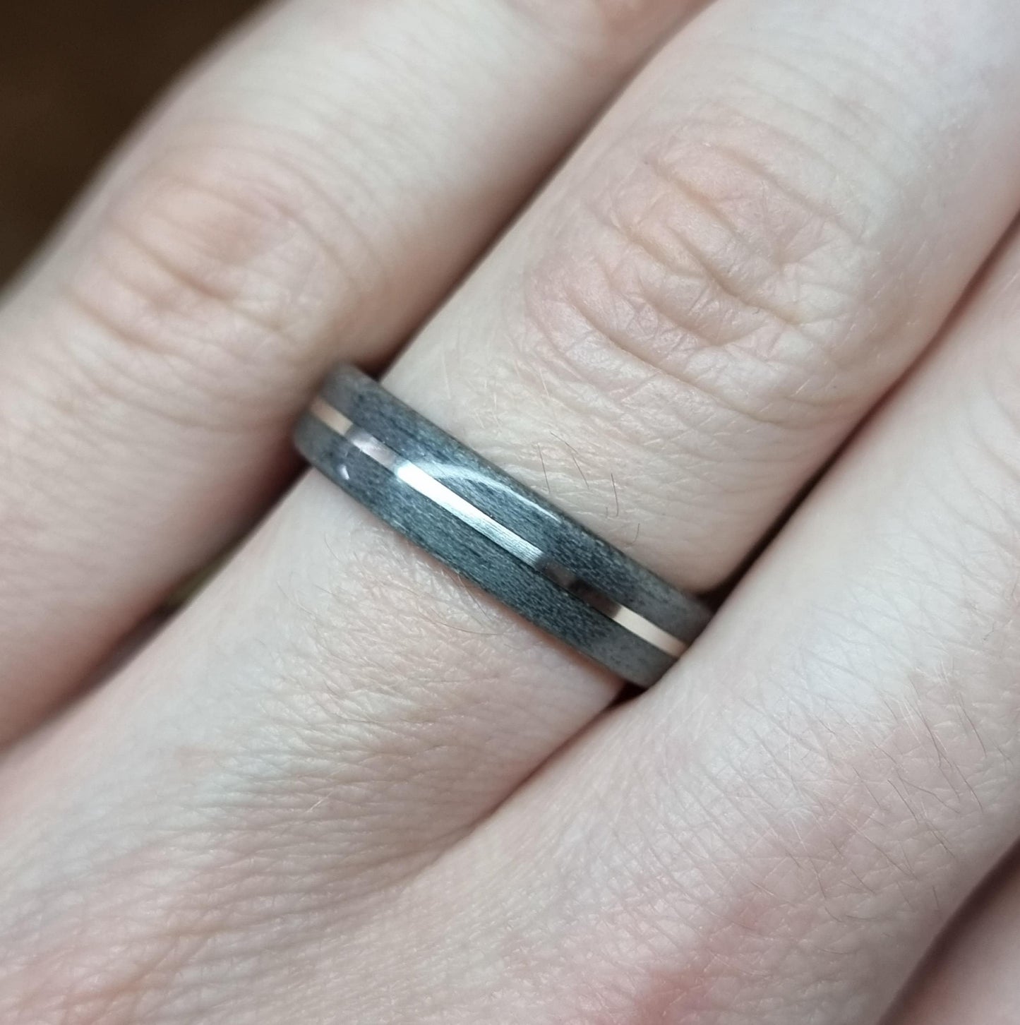 Grey tulipwood & sterling silver hand made bent wood ring