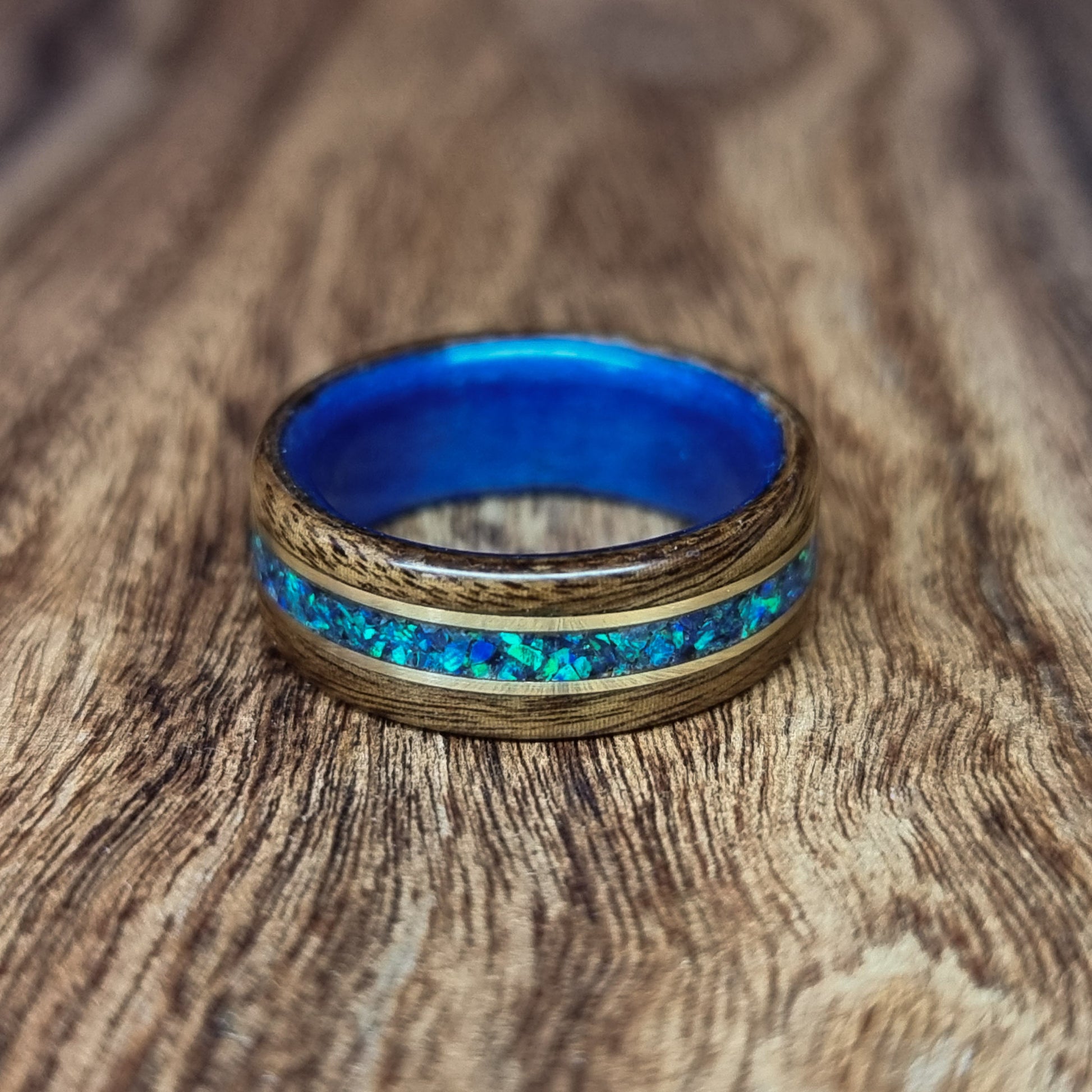 Rosewood & blue tulipwood with blue opal and double brass inlays hand made bent wood ring
