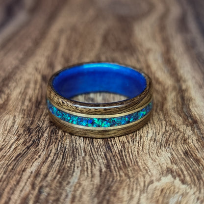 Rosewood & blue tulipwood with blue opal and double brass inlays hand made bent wood ring