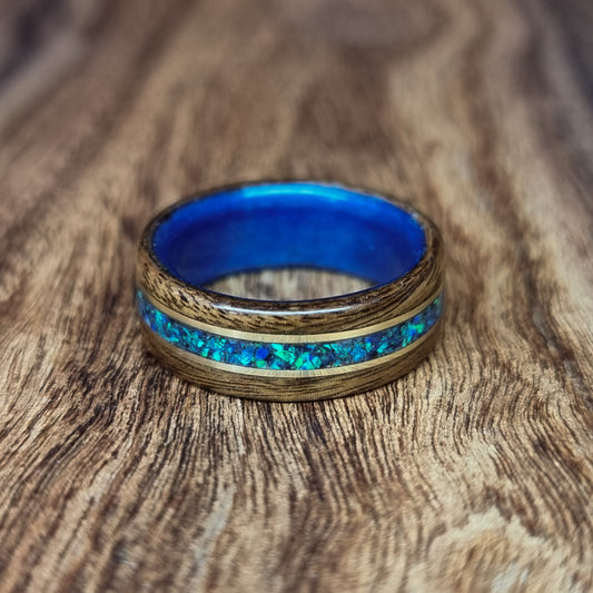 Rosewood & blue tulipwood with blue opal and double brass inlays hand made bent wood ring