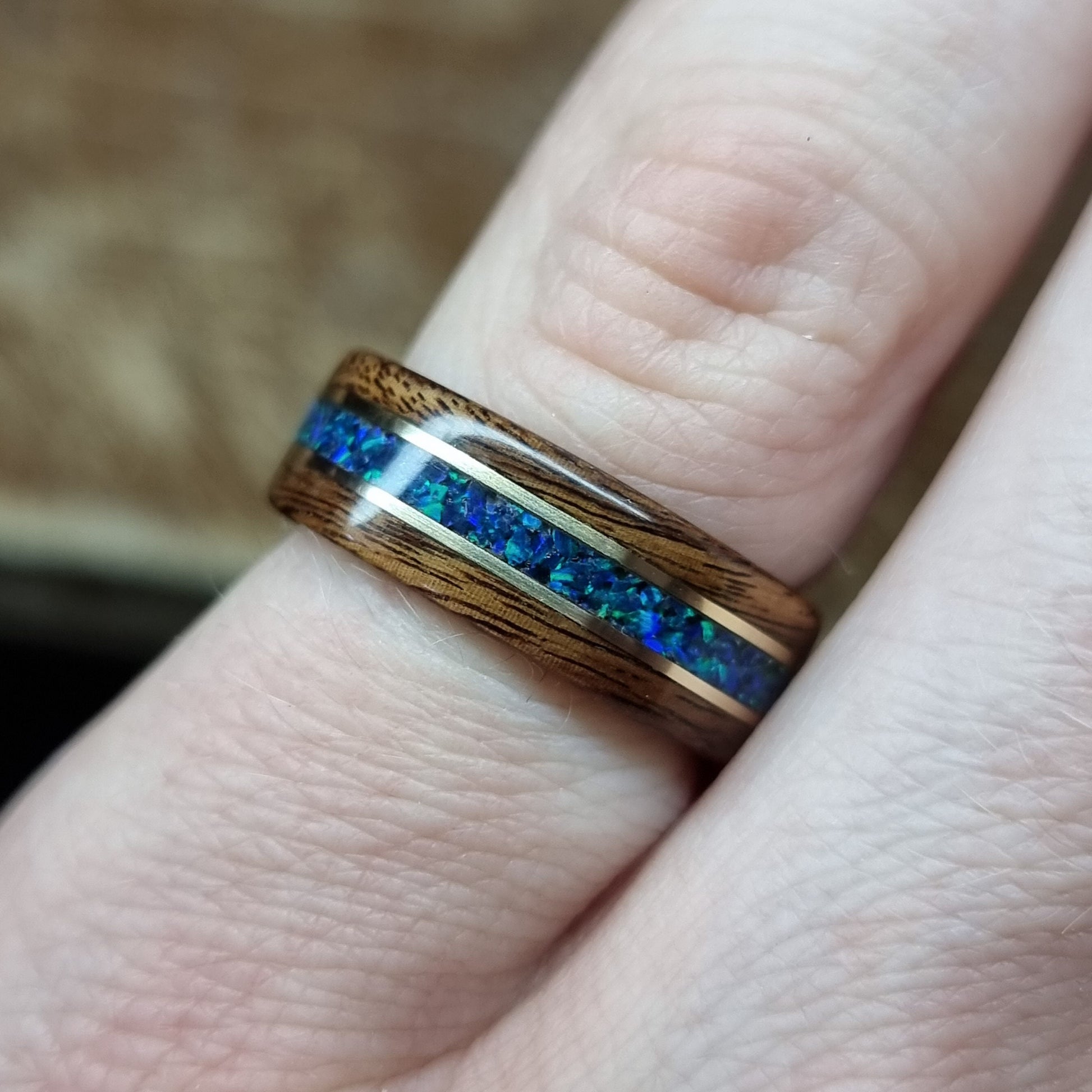 Rosewood & blue tulipwood with blue opal and double brass inlays hand made bent wood ring