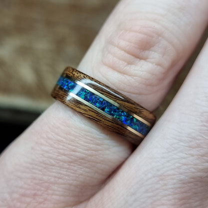 Rosewood & blue tulipwood with blue opal and double brass inlays hand made bent wood ring