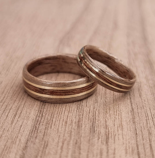 Walnut with sapele and double brass hand made bent wood ring