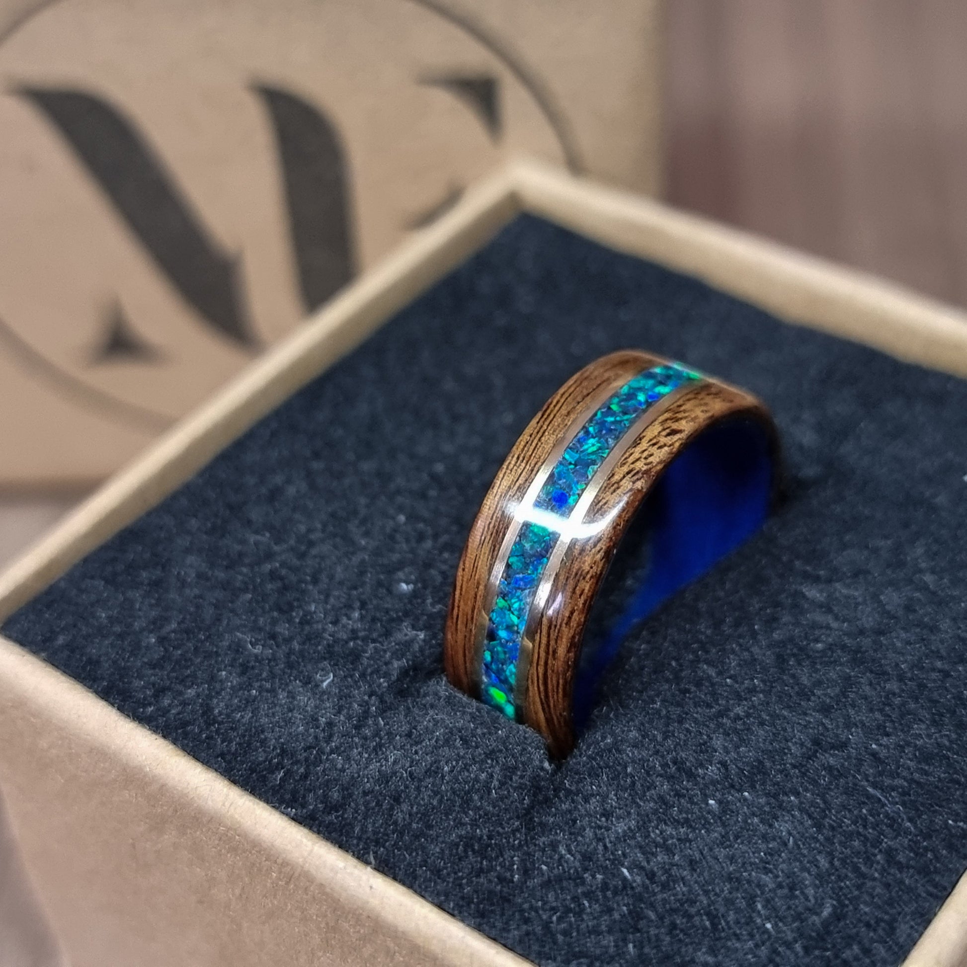 Rosewood & blue tulipwood with blue opal and double brass inlays hand made bent wood ring