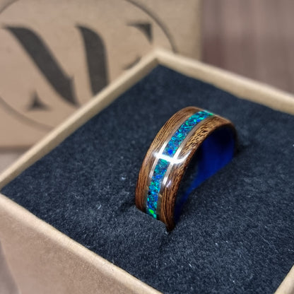 Rosewood & blue tulipwood with blue opal and double brass inlays hand made bent wood ring