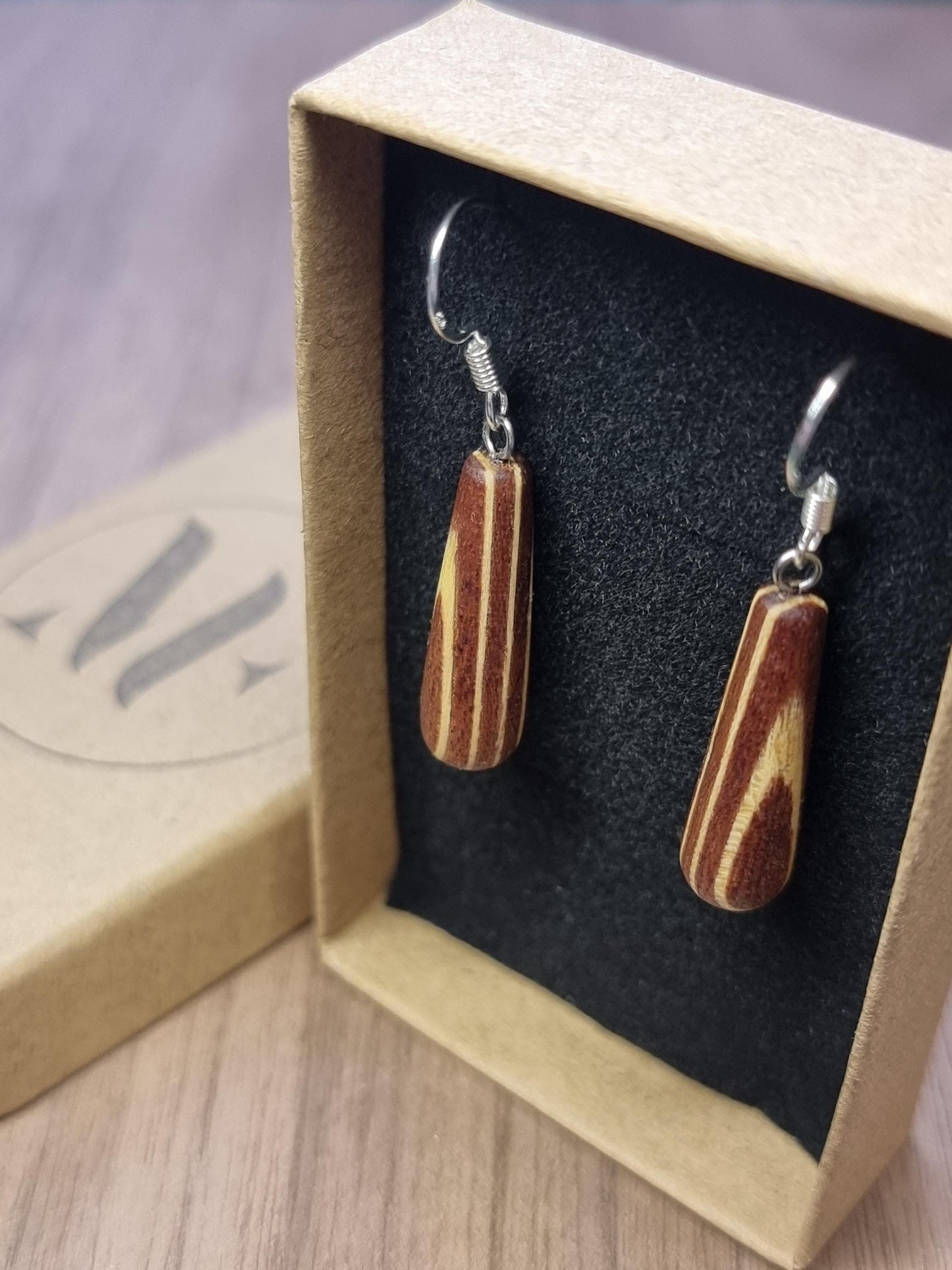 Striped wooden dangle drop earrings - Wooden earrings - Natural earrings