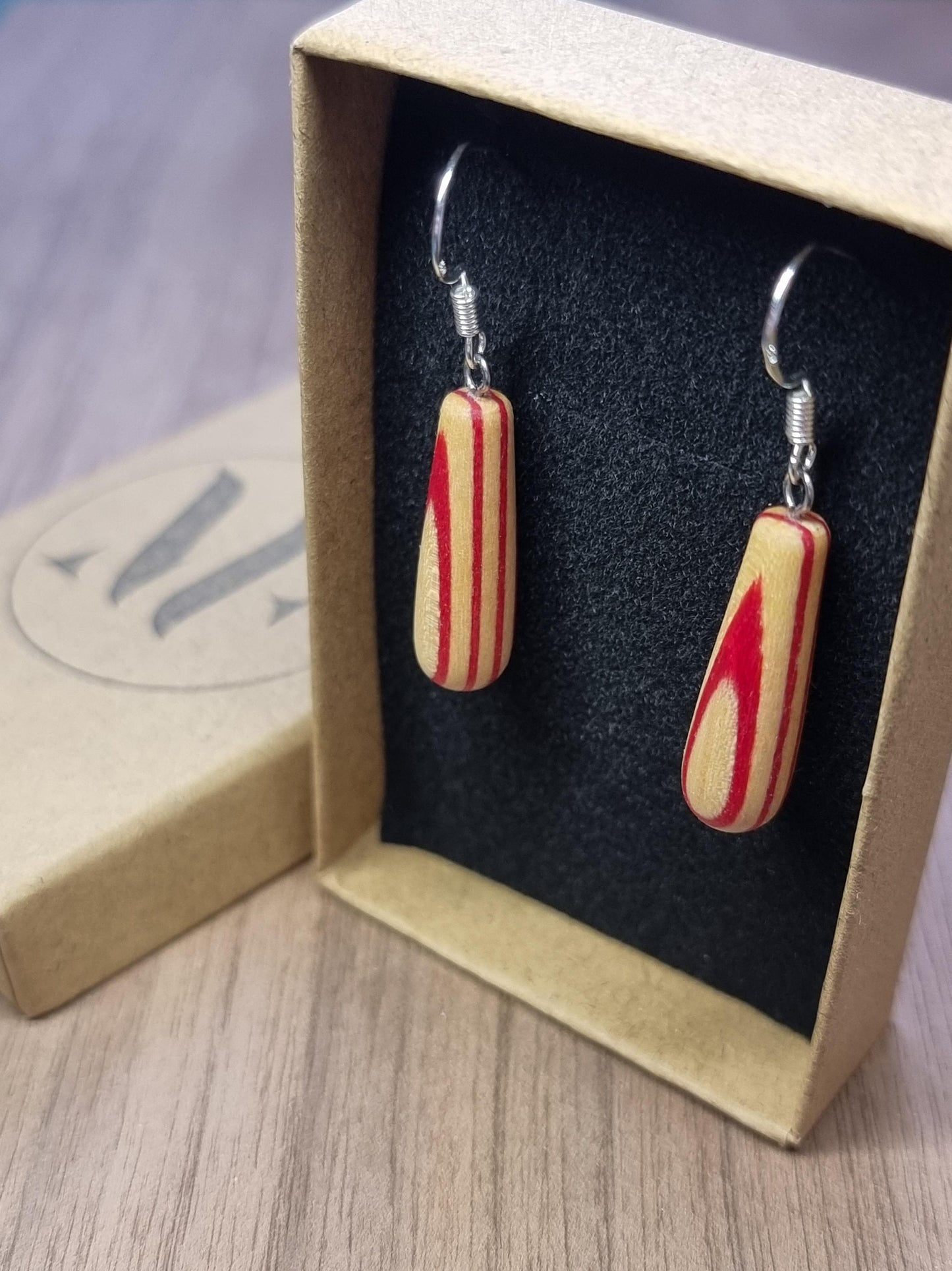 Rainbow striped wood & silver dangle drop earrings - Wooden earrings - Natural earrings - Alternative earrings - 5th anniversary gift