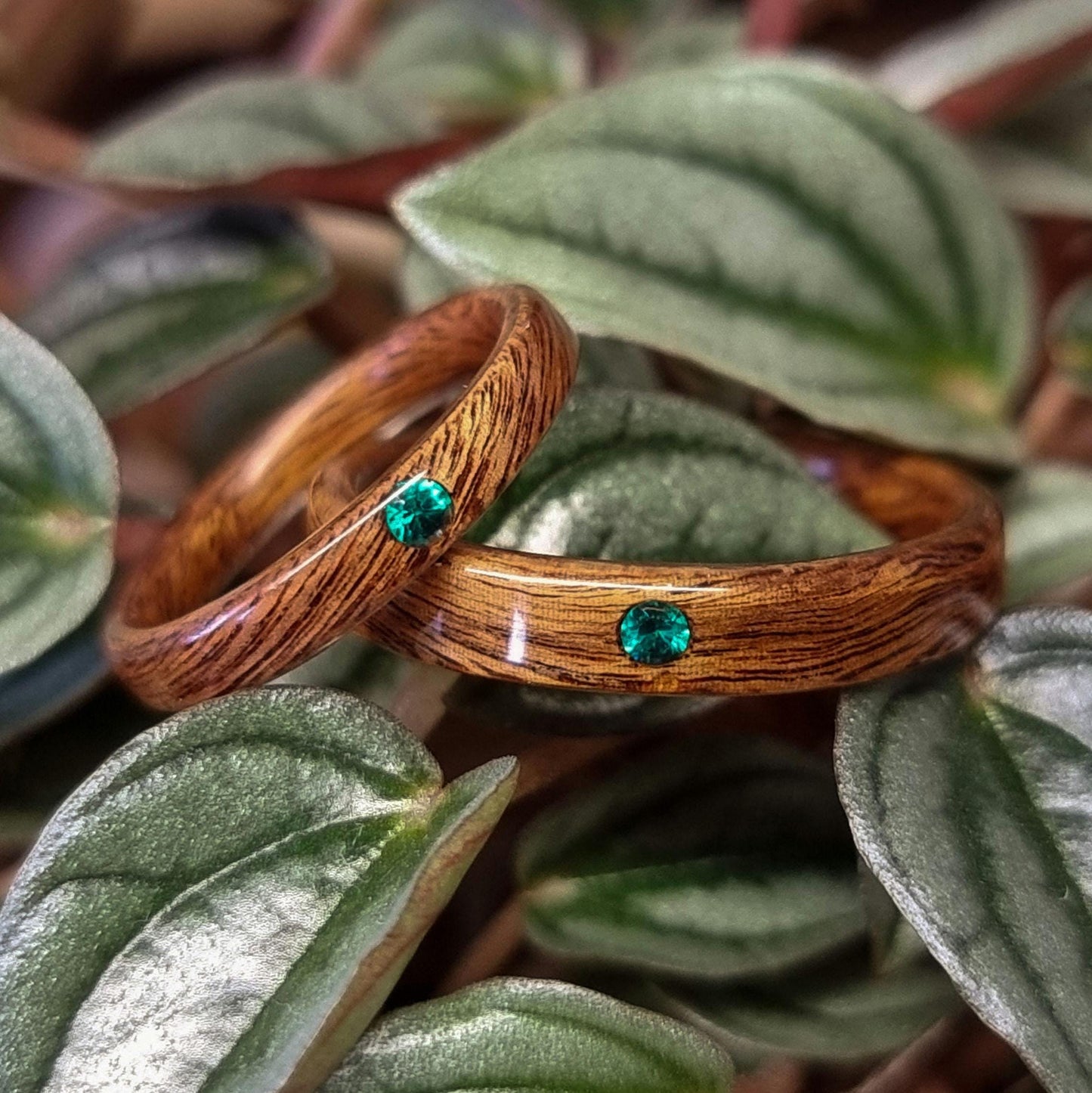 Rosewood and lab emerald hand made bent wood ring
