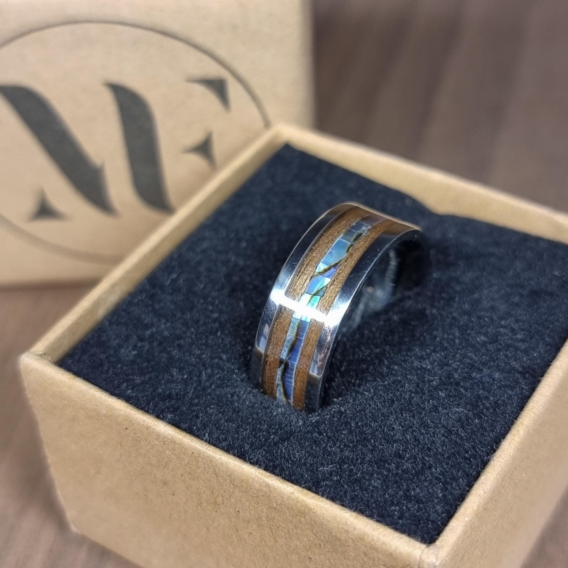 Stainless steel & walnut ring with abalone / paua shell - Hand made bent wood ring - Wooden wedding band - Engagement ring - Jewellery