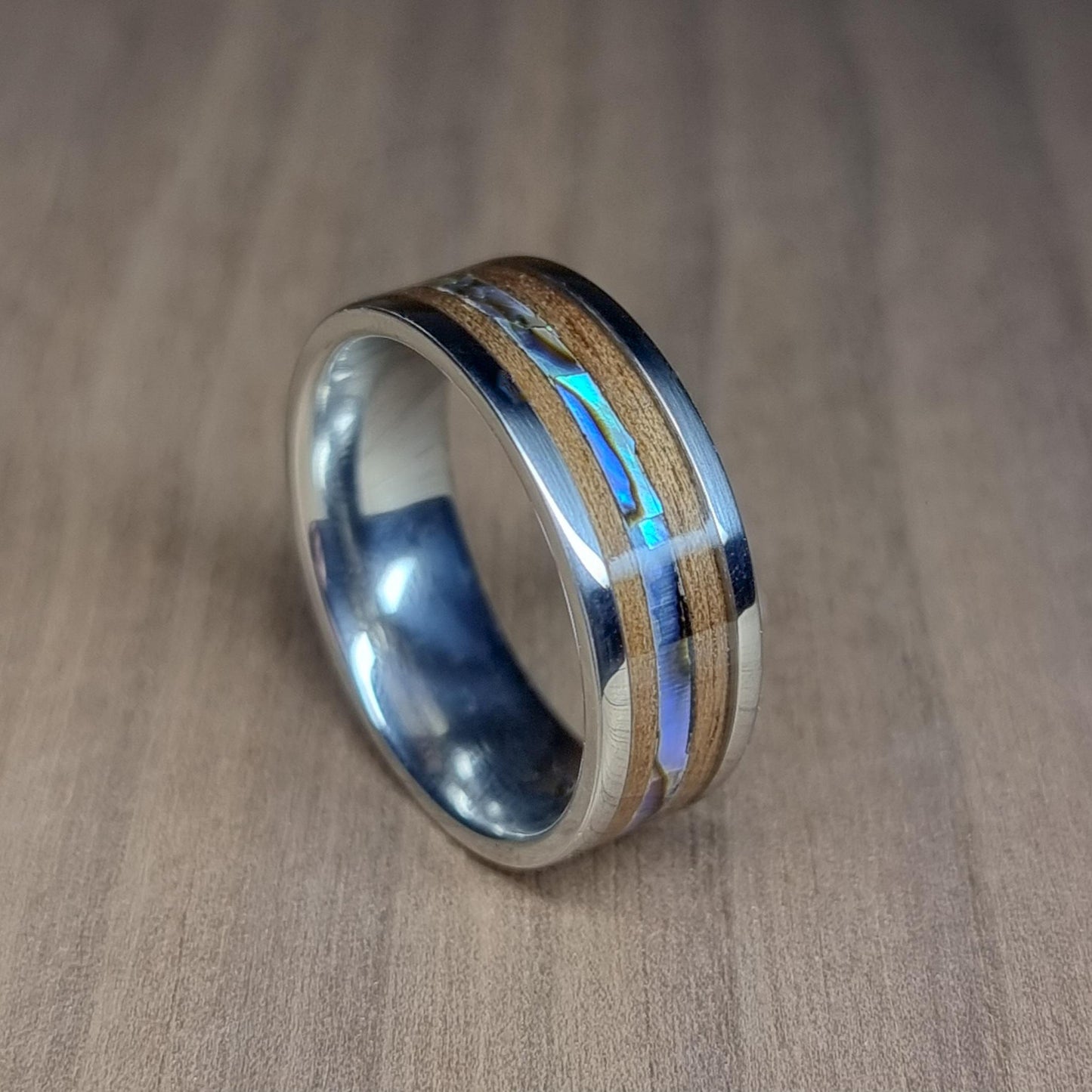Stainless steel & walnut ring with abalone / paua shell - Hand made bent wood ring - Wooden wedding band - Engagement ring - Jewellery