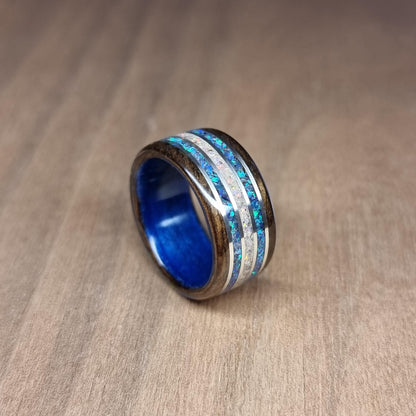 Memorial pet ash ring, smokedeucalyptus & blue tulipwood, crushed blue opal and silver inlays hand made bent wood ring
