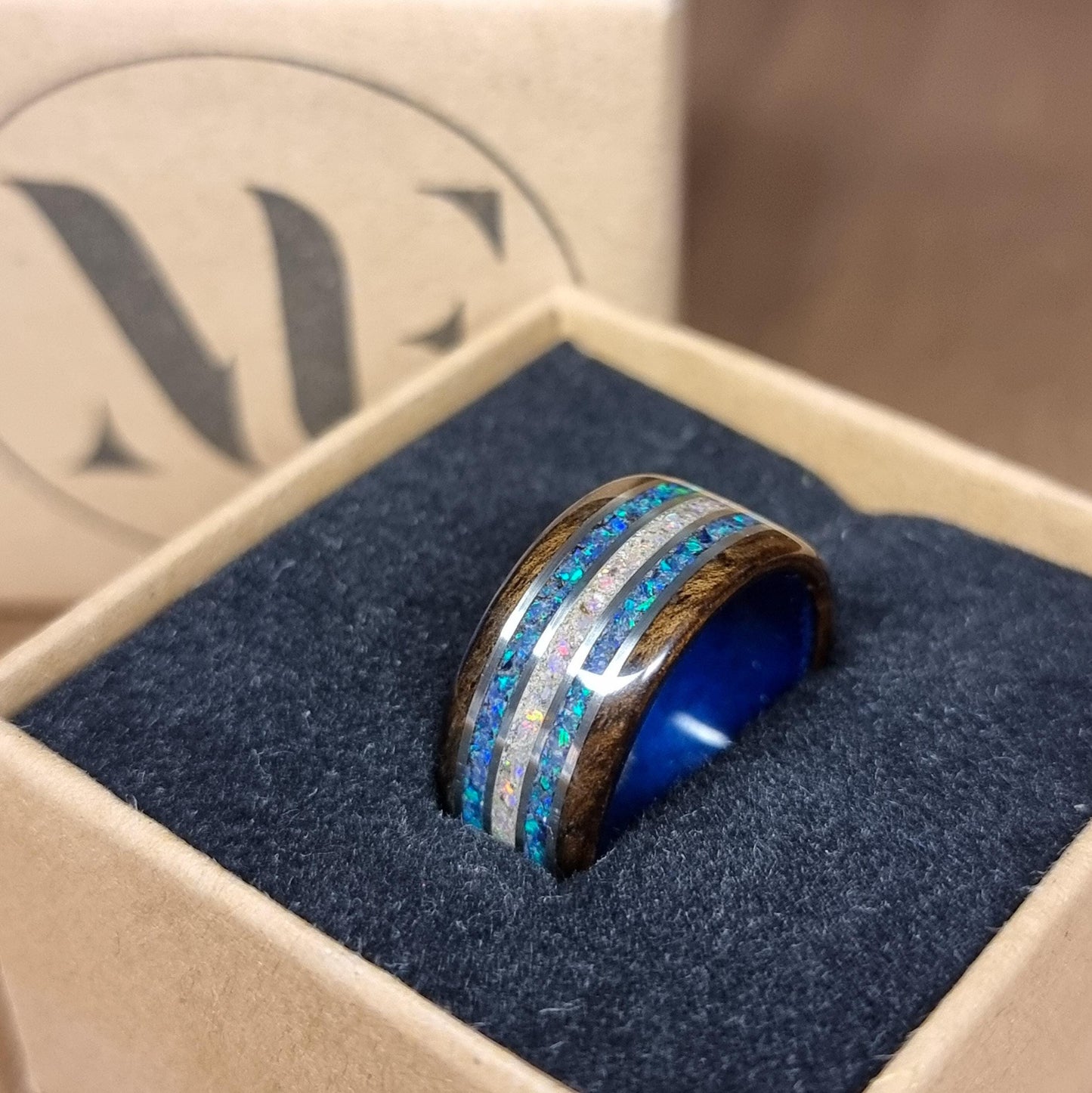 Custom memorial pet ash ring, duel wood ring, crushed opal and silver inlays hand made bent wood ring