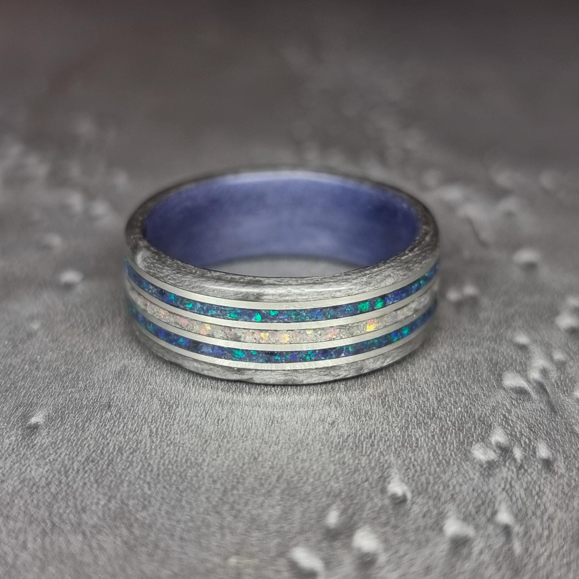 Memorial pet ash ring, silver birdseye maple & purple tulipwood, crushed blue opal and silver inlays hand made bent wood ring
