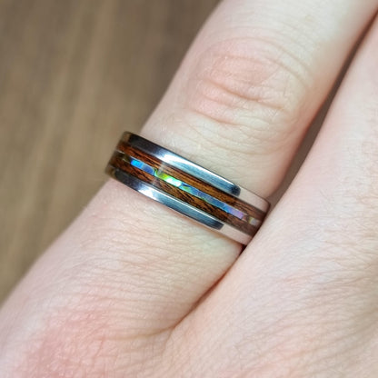 Stainless steel & rosewood ring with abalone / paua shell