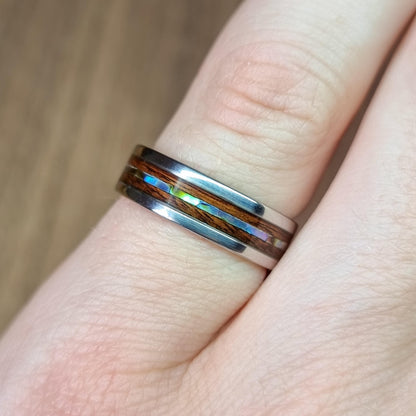 Stainless steel & rosewood ring with abalone / paua shell - Hand made bent wood ring - Wooden wedding band - Engagement ring - Jewellery